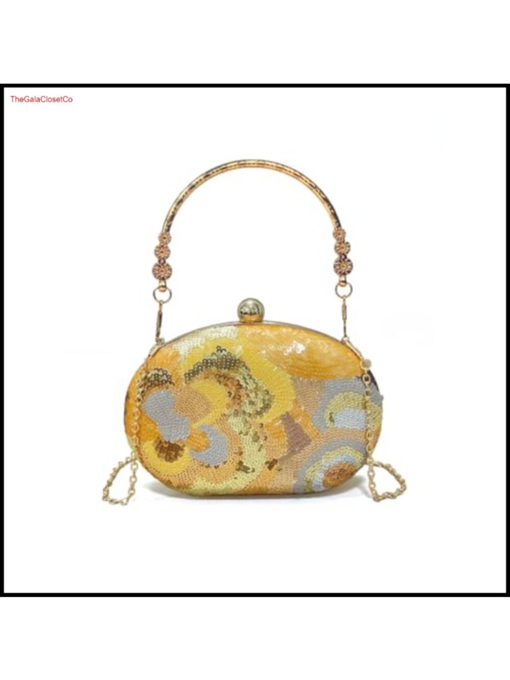 Floral Sequin Clutch Evening Bag with Rhinestone Clasp & Chain Strap